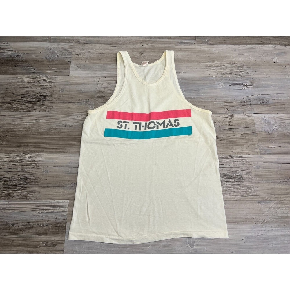Vintage St Thomas‎ USVI Tank Top L White Faded Graphic USA Made Beach